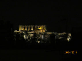Parthenon on the Acropolis at night from apartment
