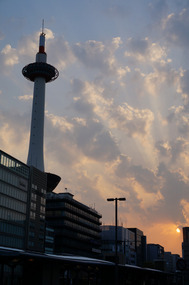 Sun rises over Kyoto tower