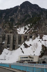 The dam restaurant dwarfed by the dam mountain