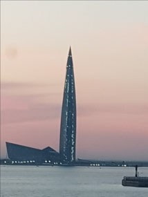 View from our boat of the tower for Mr Putin