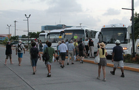 All aboard the buses for the hour long trip back