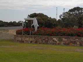 Welcome sign at Arno Bay