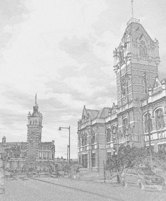 Dunedin - law building and railway station at end