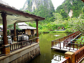 hotel pond and breakfast area on left