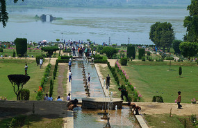 View of Dal Lake and Arch from Nishat Gardens
