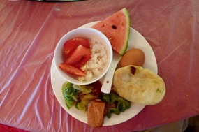 Fresh Fruit, Rice, Pickles and Shallot Bread 