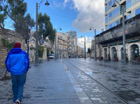 Walking down an empty Jaffa Street