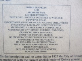 Inscription on Ben Franklin's parents' grave