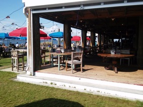 The charming patio of Red Fish Blue Fish