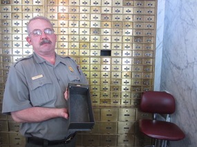 Park ranger showing us how guests were checked in