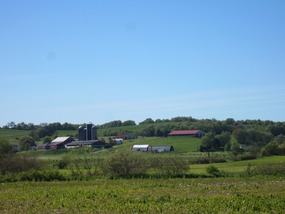 Rolling hills dotted with farms