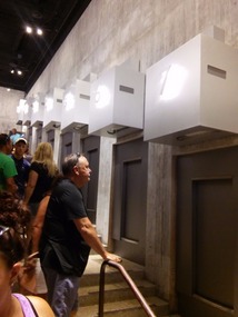 The line to ride the "capsules" up the Arch