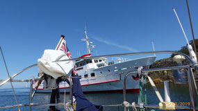 Gudhjem ferry passing us on our mooring