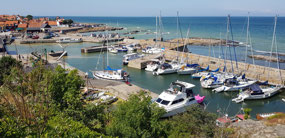 Gudhjem harbour, CW just behind pink flamingo.