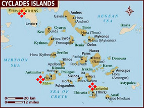 Map:  Athens and cyclades Islands