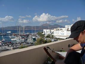 Kara on balcony - Portiani Hotel - Milos 