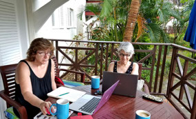 Grace & Marleen working on the patio