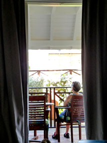 Marleen at work on patio in the morning