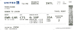 Boarding card - United Air Newark to Heathrow