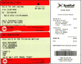 Scotrail ticket - Inverness to Edinburgh Scotland