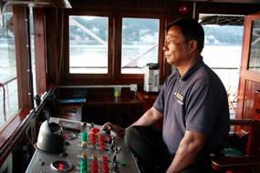 Our first mate at the helm