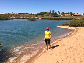 Sand too hot to walk on-so on the water edge