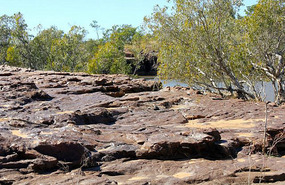 Weathered riverside rock shelf