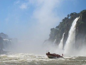 The Speed Boat Coming Out Of The Iguazu Falls.