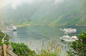 Geiranger Fjord with cruise boats