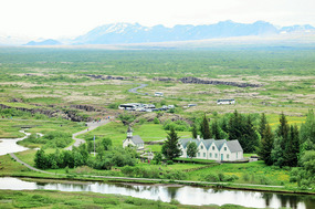 Looking down towards the church at Pingvellir