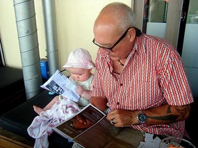 Gramps and Bea peruse the papers