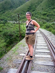 Jen on viaduct - not knowing a train is coming!