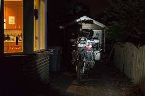 Bike outside the kitchen, ready to go.