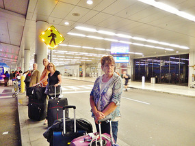 Miami:  Nelly waiting for the bus to our hotel