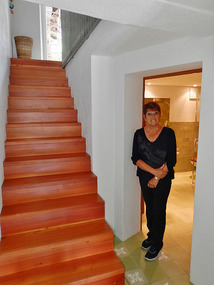 Kitchen is upstairs; bathroom to the right