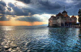 Chillon at dusk: Originally guarded trade route