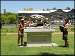 Nate and Cam with Statue of Pumas killing Deer 