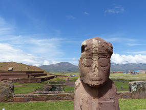 Tiwanaku priest monolith and pyramid