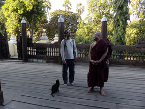 Ken, monk and cat at Shwe In Bin Kyaung monastery