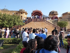 Tourists line up for their elephants