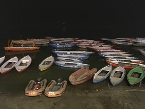 Boats tied up at night