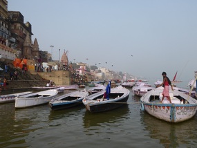 Boats moored against ghats