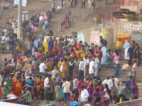 Pilgrims queue for river crossing