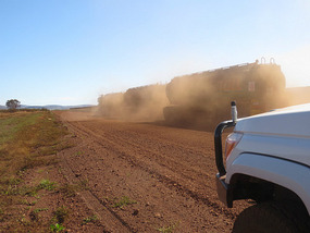 Road train passing on Rio Tinto private road
