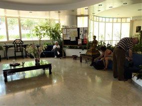 Waiting in the lobby for our car