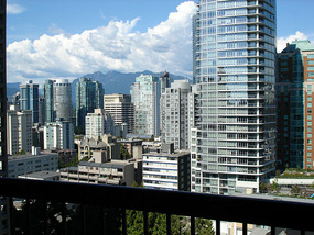 View of Vancouver and mountains from balcony