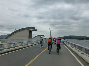 Biking across Dam