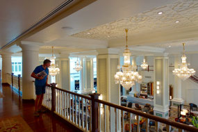 Peering down into the hotel lobby