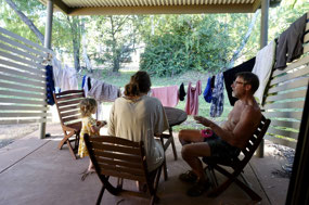 Breakfast surrounded by washing
