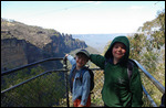 Pointing out the Three Sisters Rock Formation